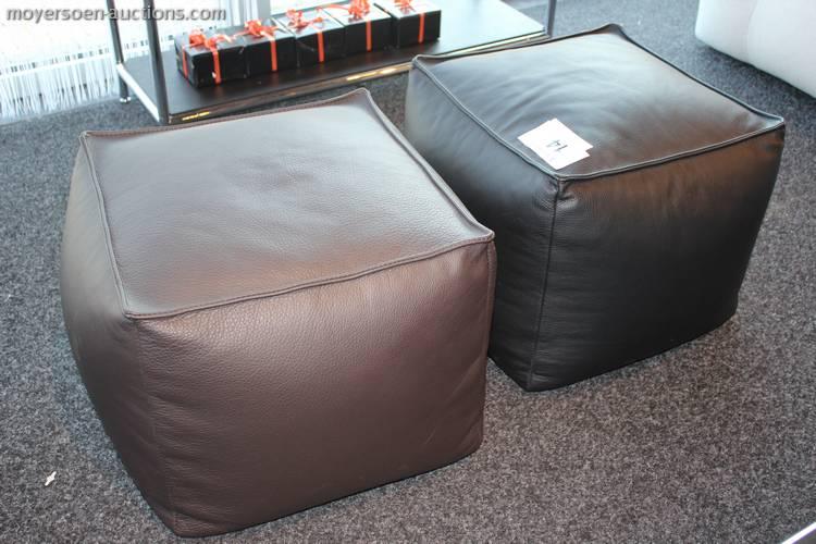 pouf seats, material: leather, color: black and brown,