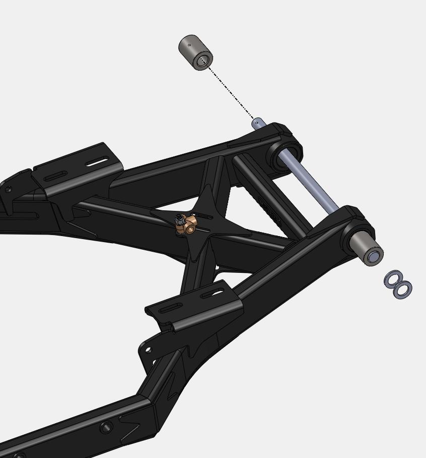 3.4 Install Swing Arm and Body Frame a. Apply grease to bushings and press both into swing arm. b. Pass the swing arm through the belt and position into the motorcycle frame.