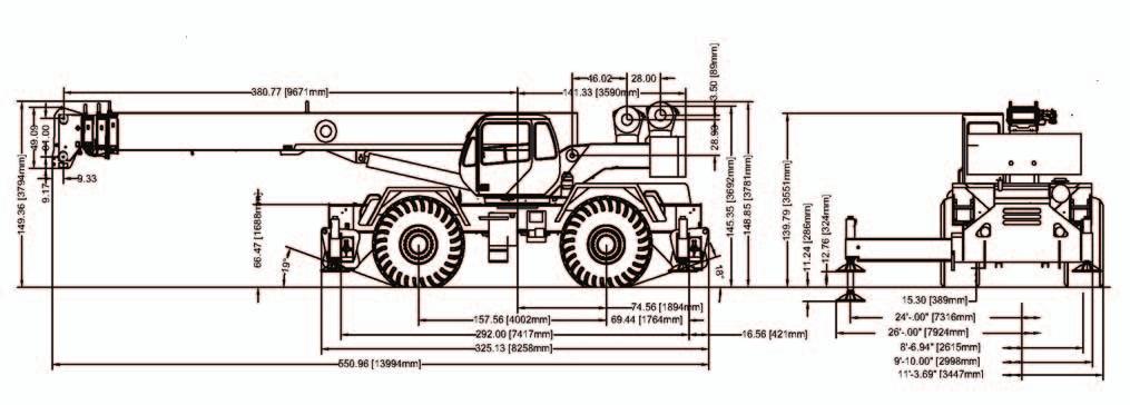 GENERAL DIMENSIONS 1. Dimensions given assume the boom is fully retracted in travel position and 29.50 x 25 tires. 2. Minimum ground clearance under: transmission-29.00", axle bowls-23.