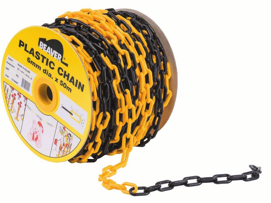 L I ECTION1 TETED AND COMMECIAL CHAIN BEAVE HEAVY DUTY PLATIC CHAIN Beaver heavy duty plastic chain, is available in a range of colours to suit your application.
