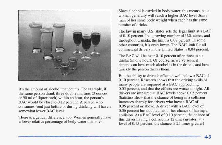 It s the amount of alcohol that counts. For example, if the same person drank three double martinis (3 ounces or 90 ml of liquor each) within an hour, the person s BAC would be close to 0.12 percent.