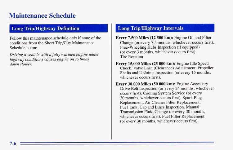 Maintenance Schedule Lo'ng Trip/Highway Definition Follow this maintenance schedule only if none of the conditions from the Short TripjCity Maintenance Schedule is true.