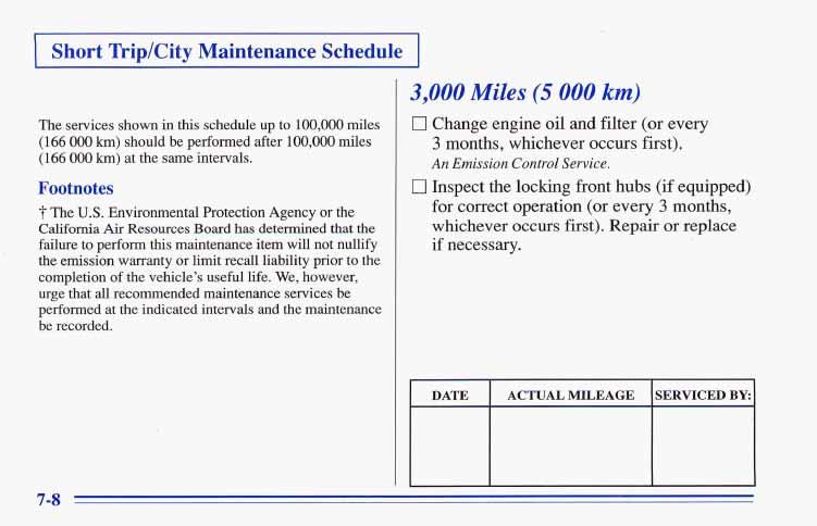 1 Short Trip/City Maintenance Schedule I The services shown in this schedule up to 100,000 miles (1 66 000 km) should be performed after 100,000 miles (166 000 km) at the sarne intervals.