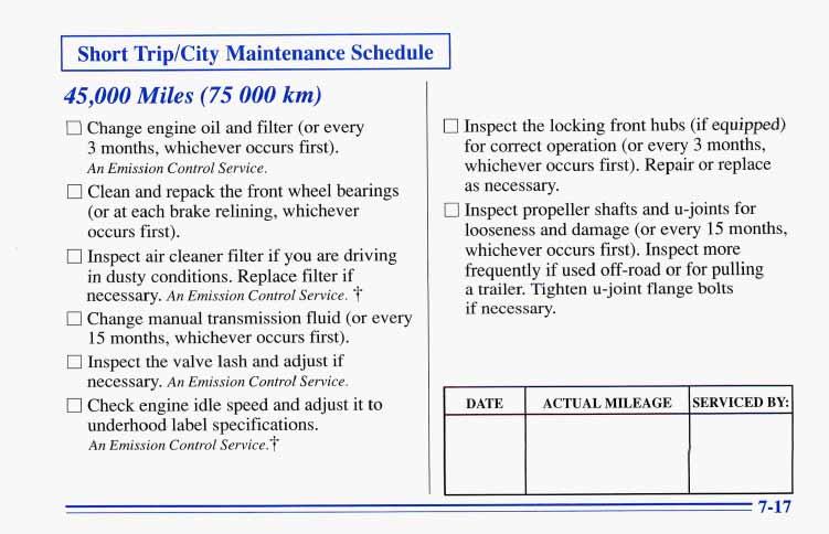 Short TriplCity Maintenance Schedule 45,000 Miles (75 000 km) El Change engine oil and filter (or every 3 months, whxhever occurs first). An Emission Control Service.