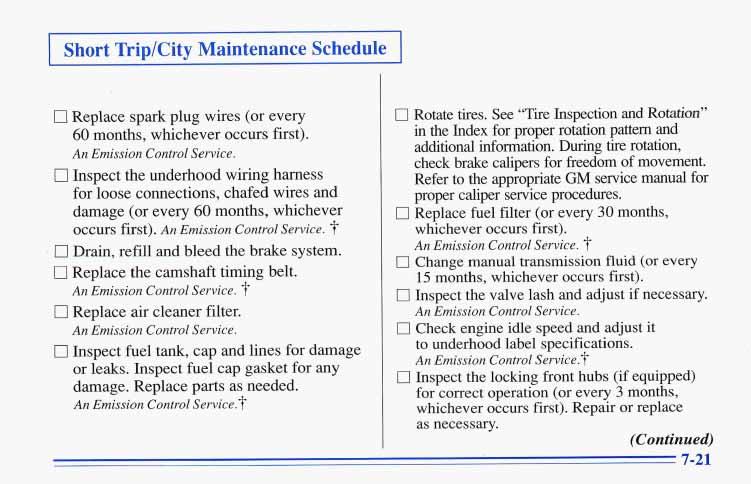 L Short TriplCity Maintenance Schedule Replace spark plug wires (or every 60 months, whichever occurs first). An Emission Control Service.