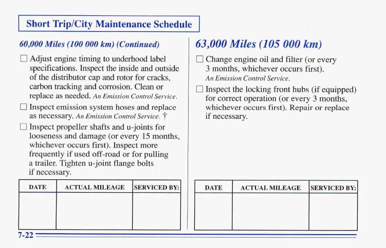 ~~ Short Trip/City Maintenance Schedule 60,000 Miles (100 000 km) (Continued) 0 Adjust engine timing to underhood label specifications.