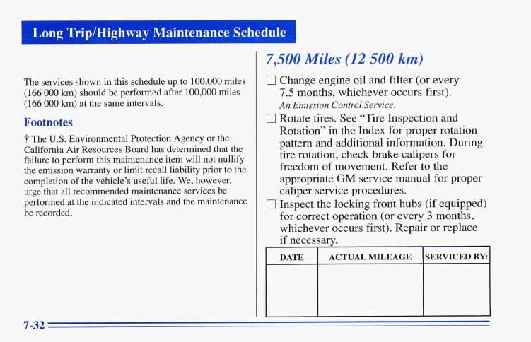Long Trip/Highway Maintenance Schedule The services shown in this schedule up to 100,000 miles (166 000 krn) should be performed after 100,000 miles (166 000 km) at the same intervals.