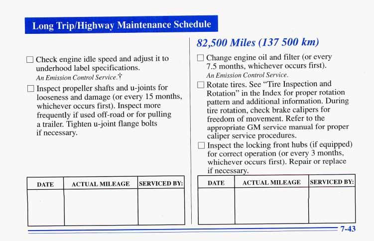 t - 1 Long TriplHighway Maintenance Schedule 0 Check engine idle speed and adjust it to underhood label specifications. An Emission Control Service.