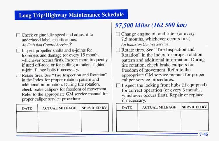 I Long Trip/Highway Maintenance Schedule 1 c1 Check engine idle speed and adjust it to underhood label specifications. An Emission Control Service.