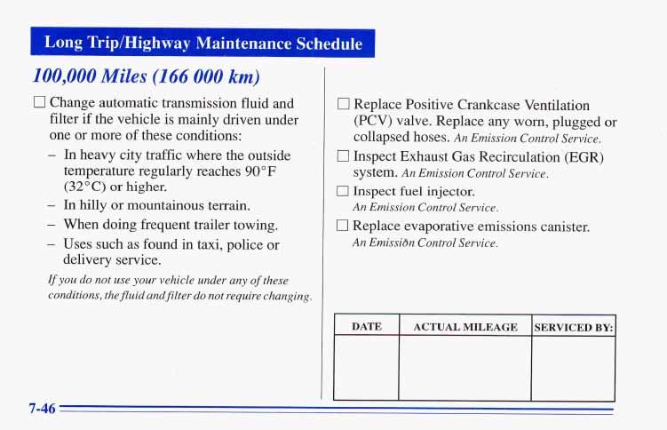 r Long Trip/Highway Maintenance Schedule 100,000 Miles (1 66 000 km) 0 Change automatic, transmission fluid and filter if the vehicle is mainly driven under one or more of these conditions: - In