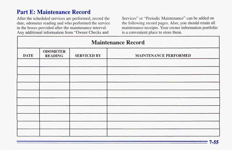 Part E: Maintenance Record After the scheduled services are performed, record the date, odometer reading and who performed the service in the boxes provided after the maintenance interval.