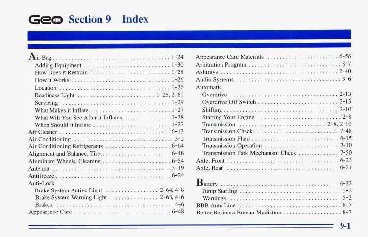 Gem Section 9 Index... ~ag I -24 Adding Equipment... 1-30 How Does it Restrain... 1-28 How it Works... 1-26 Location... l-26 Readiness Light... 1-25, 2-61 Servicing... 1-29 What Makes it Inflate.