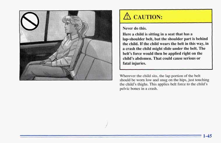, \ CAUTION: Never do this. Here a child is sitting in a seat that has a lap-shoulder belt, but the shoulder part is behind the child.