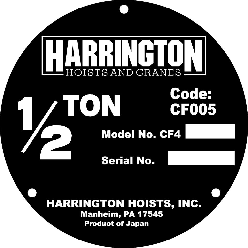 9.0 Parts List When ordering Parts, please provide the Hoist code number, lot number and serial number located on the Hoist nameplate (see Figure 9-1 below). Reminder: Per Sections 1.1 and 3.4.