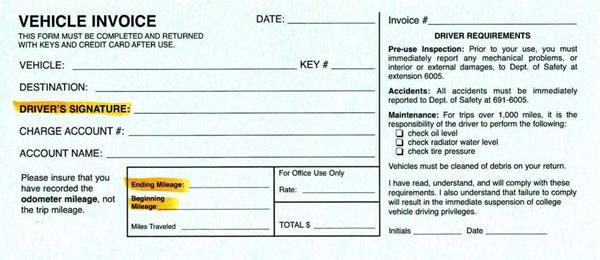 Vehicle Invoice Form Drivers must record the beginning and ending mileage for each trip.
