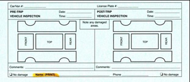 Pre/Post Trip Vehicle Inspection Form Drivers must complete walk around the vehicle, noting any type of damage to the vehicle, i.e., scratches, dents, windshield chips, etc.