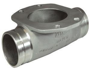 Flanged to the tank hopper and two 4" grooved pipe ends Cast aluminum construction, urethane lined is an option Rugged cast aluminum Straight tees are cast as one-piece High