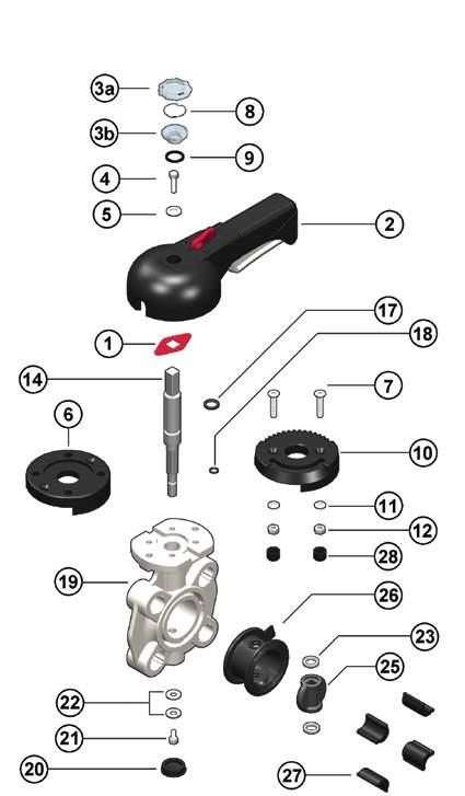 COMPONENTS EXPLODED VIEW DN 40 50 1 Position indicator (PA - 1) 2 Handle (HIPVC - 1) 3 a/b Transparent protection plug (PVC - 1) 4 Fastening screw (STAINLESS steel - 1) 5 Washer (STAINLESS steel - 1)