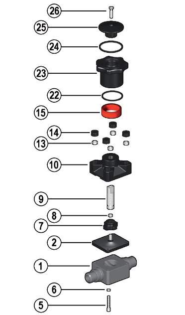 COMPONENTS EXPLODED VIEW 1 Body (PVDF - 1) 2 Diaphragm seal (EPDM, FPM, PTFE - 1) 5 Fastening screw (STAINLESS steel - 4) 6 Washer (STAINLESS steel - 4) 7 Shutter (PA-GR - 1) 8 Nut (STAINLESS steel -
