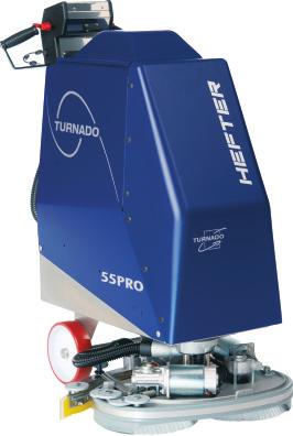 SCRUBBER - DRIER TURNADO 55 PRO This patented scrubber drier from HEFTER CLEANTECH essentially reduces cleaning-time. Previously inaccessible areas which had to be hand cleaned, e.g. corners and niches, can now benefit from the superior results of a machine.