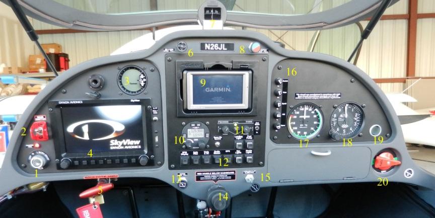 Instrument panel AIRCRAFT OPERATING INSTRUCTIONS 1. Master switch 2. Ignition key 3. Variometer 4. Dynon Skyview 5. Parachute handle 6. Cabin Air 7. Compass 8. Cabin heat 9.