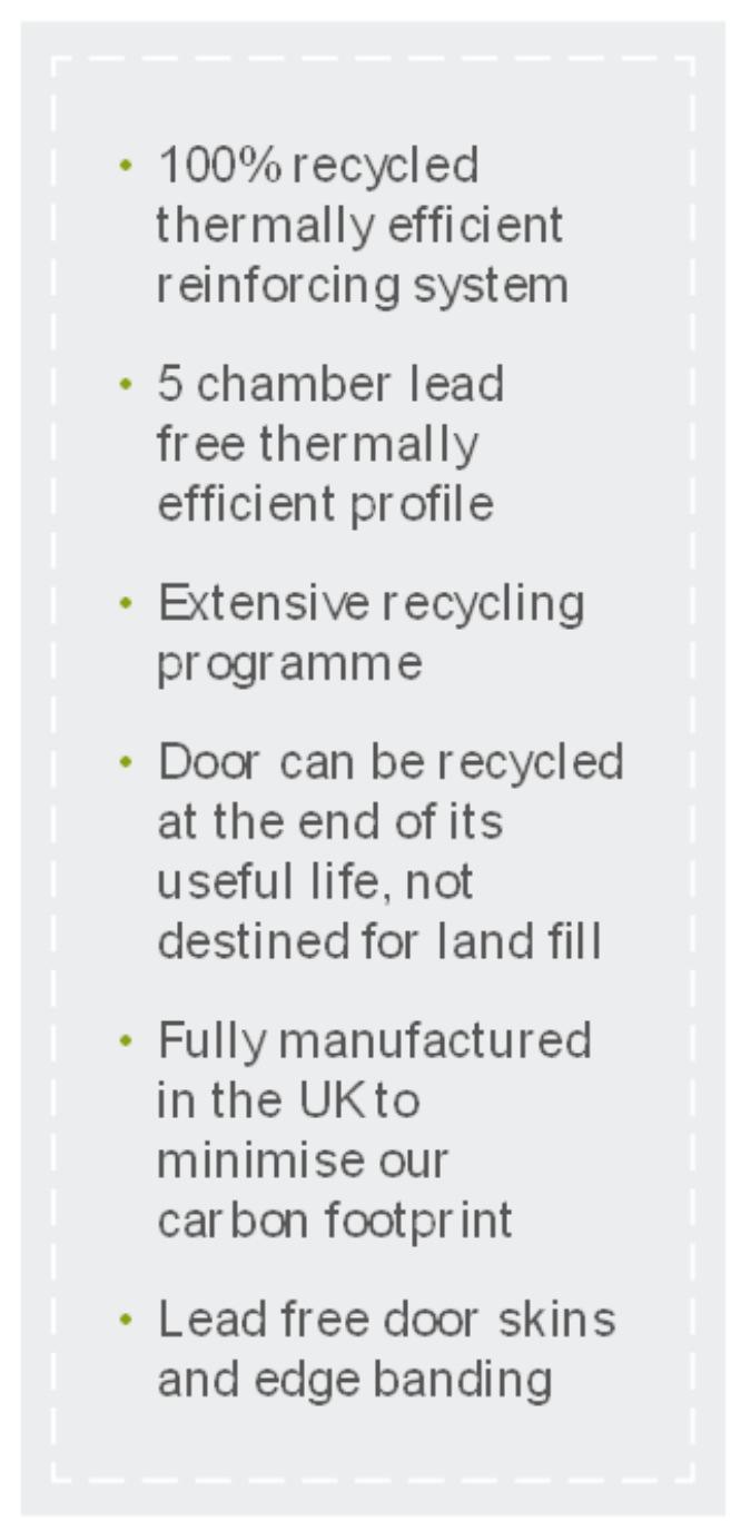 That s why we minimise our waste and run an extensive recycling programme. We recycle all of our packaging, polystyrene, cardboard, PVC-u, timber, paper, aluminium and steel.