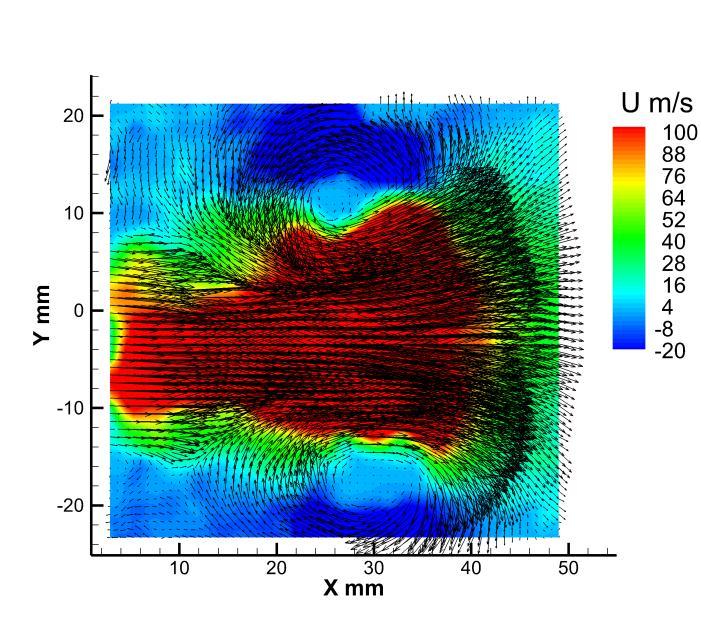 Vectors are overlaid on the contours, indicating the local flow direction. Fig. 4. Instantaneous velocity fields from the 60 case (left) and the 15 case (right) taken at 6 ms delay from TDC.