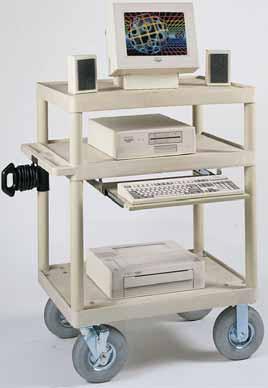 LEMPT - Heavy duty stand-up workstation with pull-out keyboard shelf and full top shelf. Complete with surge electric and 8 pneumatic tires. Specify putty, black or gray color.