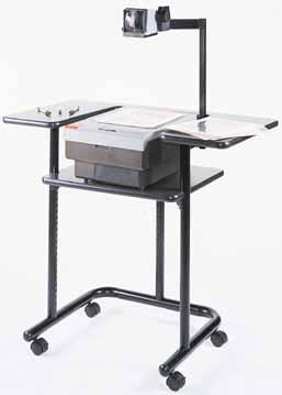TLOH38-36 high stand-up overhead projector table with side shelves to hold transparencies and other supplies. Complete with 2 furniture casters, two with locking brake. Specify black or gray frame.