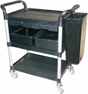 and 4 casters, two with locking brake. W x 15 3/4 D x 33 H. Black color. Wt. 36 lbs.