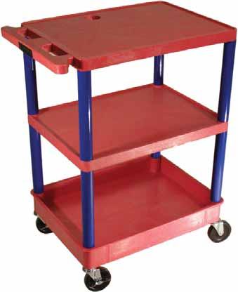Red shelves with Yellow legs. Wt. 29 lbs. RDSTC221BU - Top and middle flat shelves and bottom tub shelf utility cart with 4 casters, two with locking brake. W x 18 D x 35 1/2 H. 2 3/4 deep tubs.