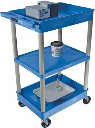 $257 BUSTC121GY - Top and bottom, tub shelf, and middle flat shelf utility cart with 4 casters, two with locking brake. W x 18 D x 38 H, 2 3/4 deep tubs. Shelf clearance 12.