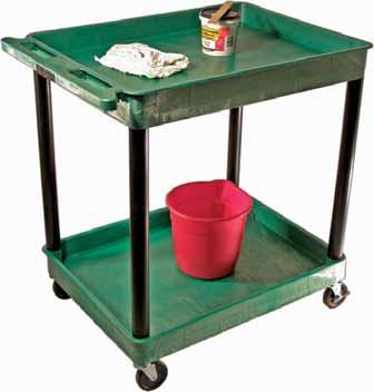 Green shelves with Green legs. Wt. 29 lbs. GNTC11BK - Two tub shelf utility cart with 4 casters, two with locking brake. W x D x 37 1/2 H. 2 3/4 deep tubs. Shelf clearance 25.