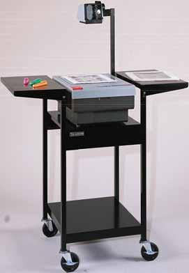 Black or gray color. OHT292S also available in putty. Side shelves drop down for easy mobility. Assembly required. OHT29 - Sit-down, adjustable height, steel overhead projector table.