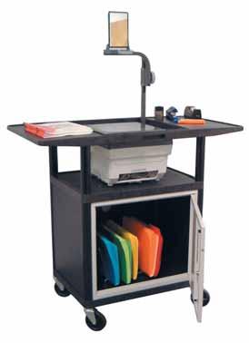 Plastic side shelves hold transparencies and other supplies. Assembly required. Specify putty, gray, or black color. Wt. 29 lbs. OHT40 - Stand-up overhead projector table with same features as above.