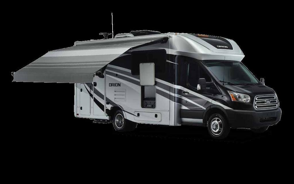 ORION TRAVELER EXTERIOR FEATURES Orion s one-touch carefree armless power awning w/led lights Coachmen s Even Cool air conditioning system is ducted through the crowned, vacuum-bonded roof.