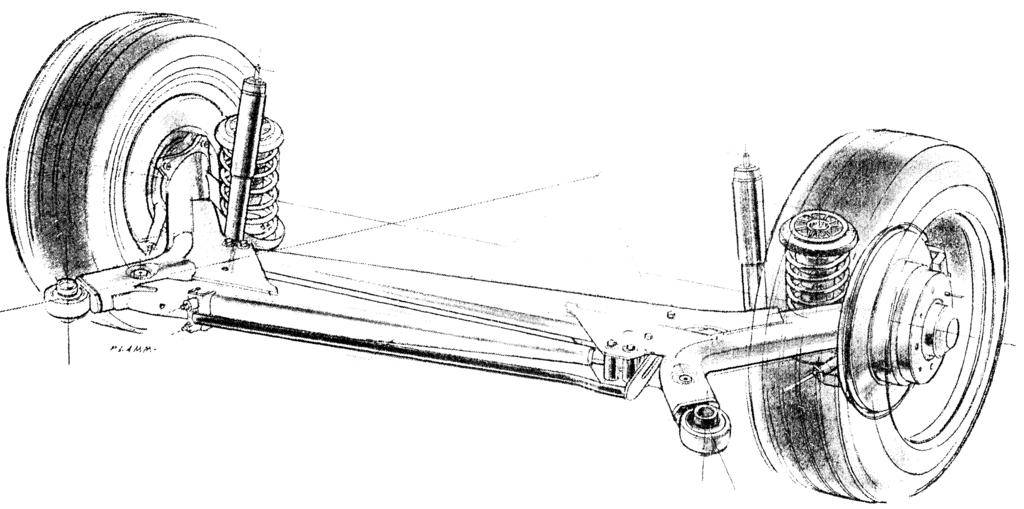 The strut mounting, figure 7, has a ball bearing in the upper end of the shock absorber piston rod to allow for free steering rotation of the strut, even under large bending forces acting on the