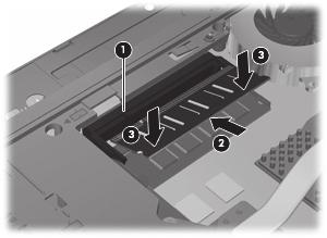 c. Pomnilniški modul nežno potisnite (3) navzdol, pri emer pritisnite na desni in levi rob pomnilniškega modula, da se zatikaa nosilca zaskoita.