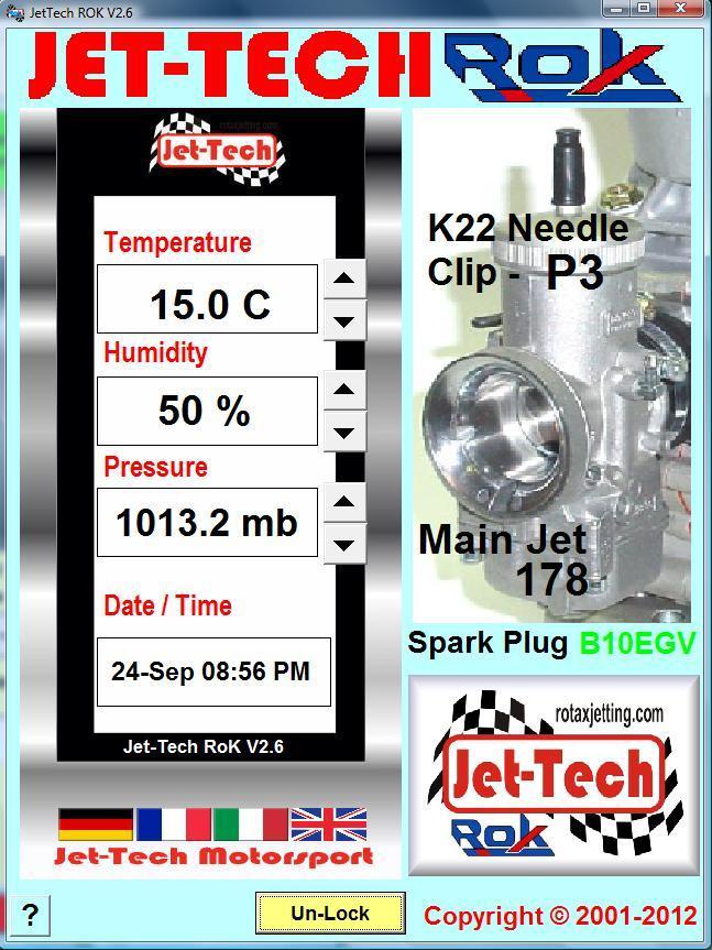 Jet-Tech RoK Copyright 2012 Jet-Tech Motorsport All Rights Reserved Designed exclusively for the Vortex RoK, Super RoK & Junior RoK The JET-TECH RoK screen gives the Main Jet, Needle Clip position