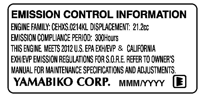 An Emission Control Label is located on the engine. (This is an EXAMPLE ONLY, information on label varies by engine FAMILY).