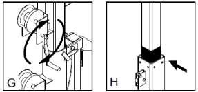 Using the handle for the lower mast winch (E), raise the mast until it is vertical and the tab on the mast is positioned into the mast lock. The mast lock bar should snap into place automatically.