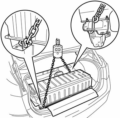 g) Using an engine sling device, remove the HV battery while tilting the HV battery 45º at the rear end. Caution: Make sure that the HV battery is not tilted more than 80º. Cardboard 18.