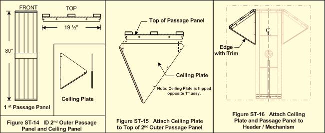 Using the 1/4-20 x 1/2 Button Head Screws and 1/4-20 Nylock Nuts, loosely attach a Ceiling Plate to the top of the Passage Panel as shown in Figure ST-12 above.