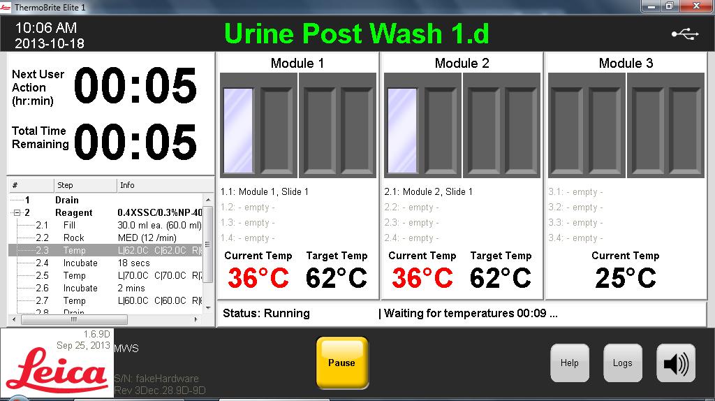 5 Using the ThermoBrite Elite Software The status of the run, fill, and waste activity is displayed in the footer section of the screen.