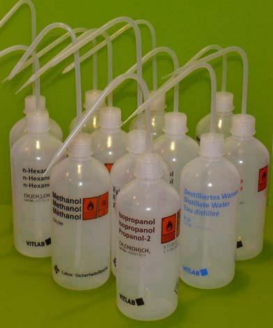 wash bottles - solvent Polyethylene Screwcap Goose-neck tube 500ml Imprint of solvent GL25 vent-cap CATALOGUE # DISTILLED WATER 06133281 ACETONE 06133282 METHANOL 06133283