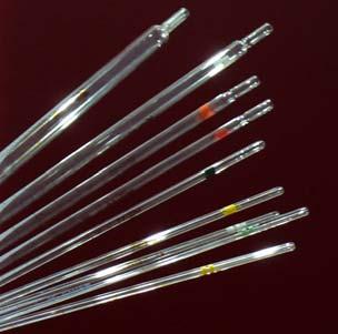 pipettes Accurate measurement and recharging of liquids Class AS Colour code rings Graduated, 0 at top Calibrated to deliver for a reference temperature of 20 º C Pipette filler Do not fill by mouth