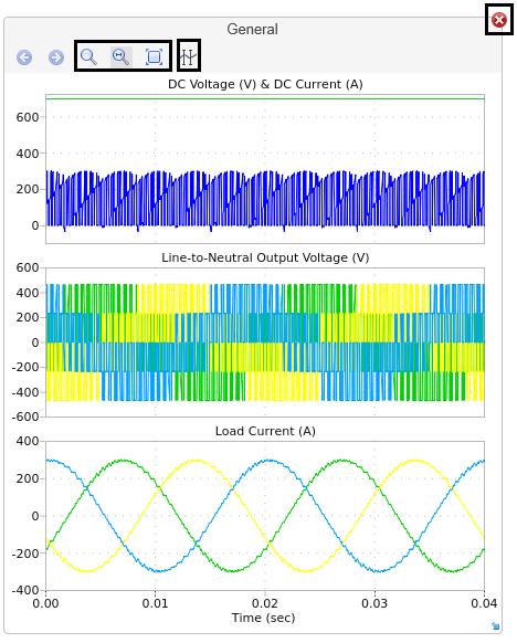 Then additional output waveforms appear: Same features are available for these graphs as presented previously for the semiconductor graphs.