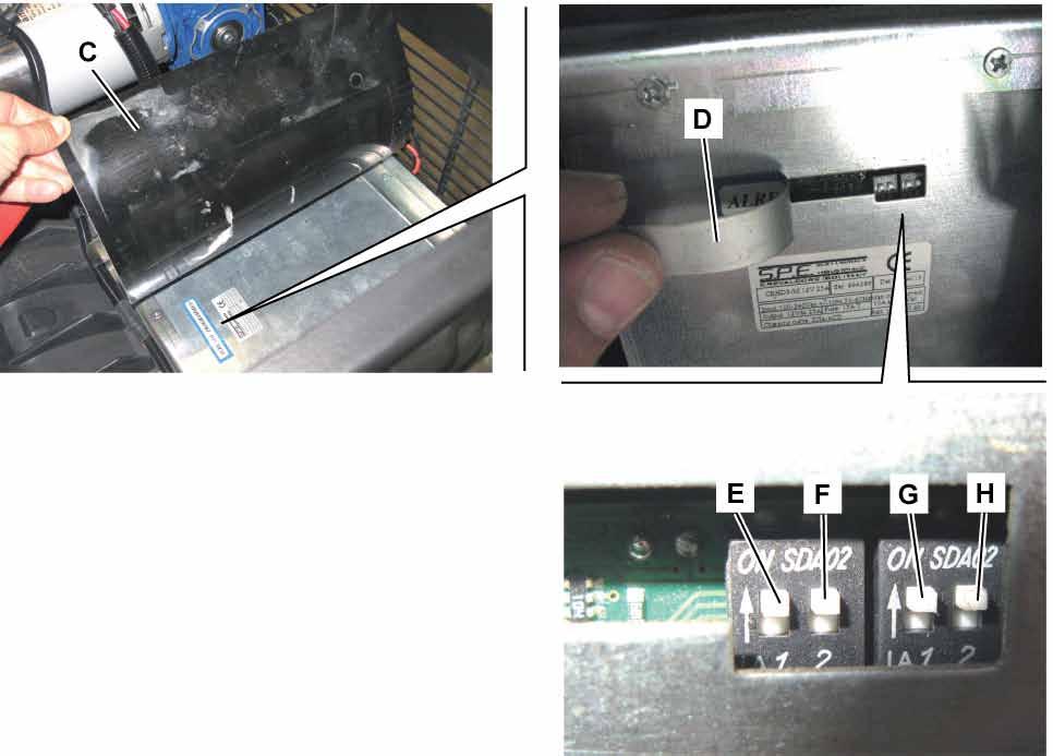 Electrical and Control System 58 Machine Check/Setting (Continues) 10. In the battery compartment, lift the rubber mat (C). 11. Lift the battery charger plate (D). 12.