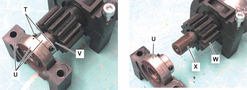 Electrical and Control System 76 Main Broom Shaft (Small) Gear Removal/Installation (Continues) 13. Unscrew the two dowels (T) of the bearing. 14.