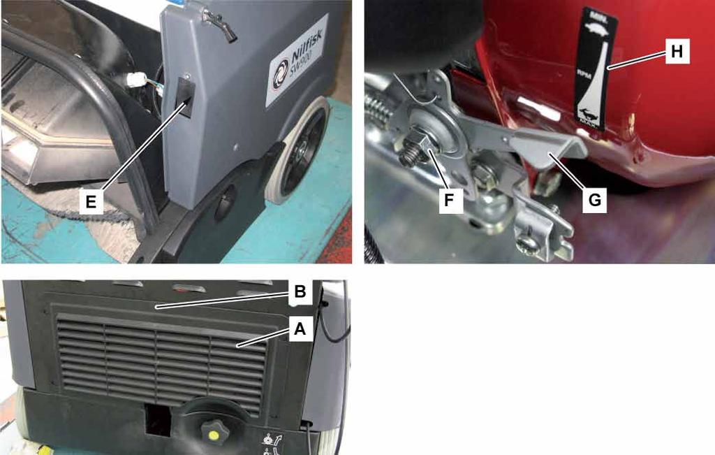 Petrol Engine System 88 Engine RPM Check and Adjustment (Continues) 9. Carefully operate and keep operated, the hopper position microswitch (E) (to simulate the presence of the hopper). 10.